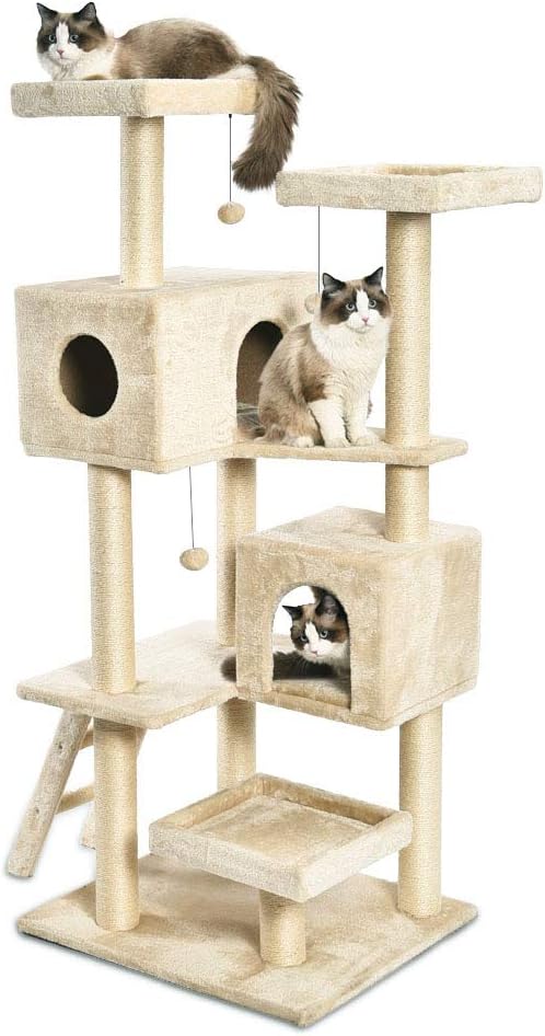 Basics Extra Large Cat Tree Tower With Dual Condo Cave - 28 x 65 x 24 Inches, Beige : Pet Supplies
