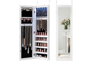 IFANNY 5 LEDs Mirrored Jewelry Cabinet Wall Mounted or Door Hanging, 42” Jewelry Box Armoire with Full Length Mirror, 2 Drawe