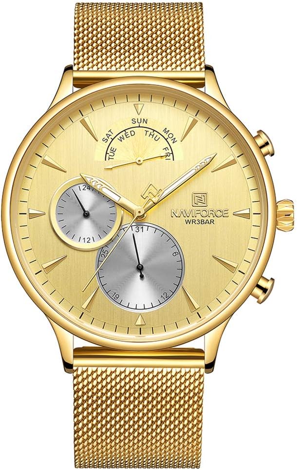 Men's Watch Mesh Band,Naviforce Watches for Men Fashion Minimalist Sports Waterproof Stainless Steel Wristwatch Calendar Date Window Analog Quartz Watches