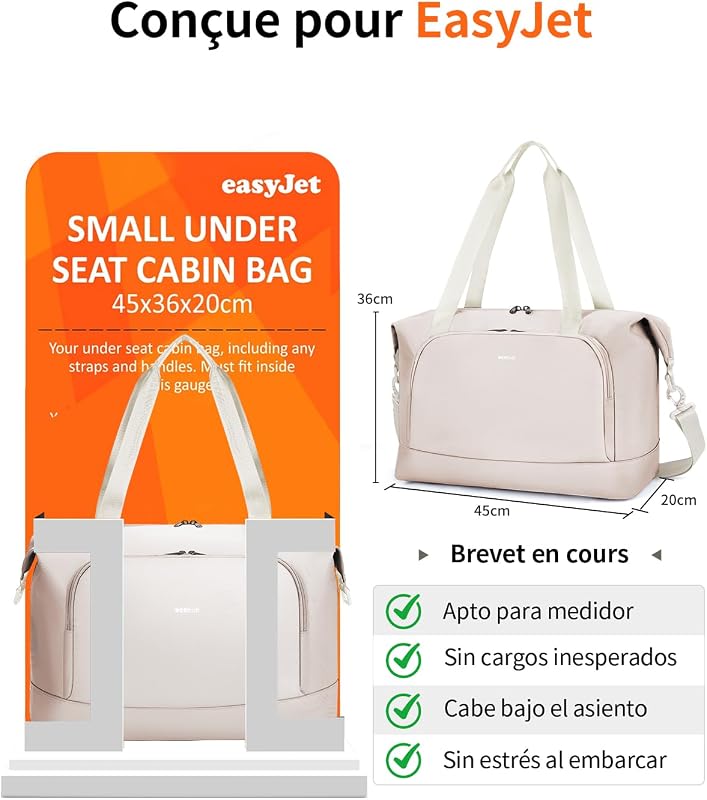 Sac de Voyage Femme, Bagages Cabine 45x36x20 Easyjet, Sac Voyage Cabine avec Amovible Poche Humide, Sac Avion Weekend, Bagage à Main Valise Léger Imperméable, d'Hôpital, Week-End, Beige, 30L
