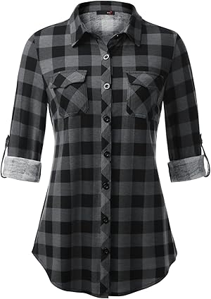 DJT Damen Weiches Gestrick Kariertes Blusen Langarm Oberteile Roll Up Ärmel Hemdbluse Button Down Tops