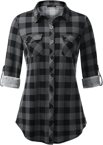 DJT Damen Weiches Gestrick Kariertes Blusen Langarm Oberteile Roll Up Ärmel Hemdbluse Button Down Tops