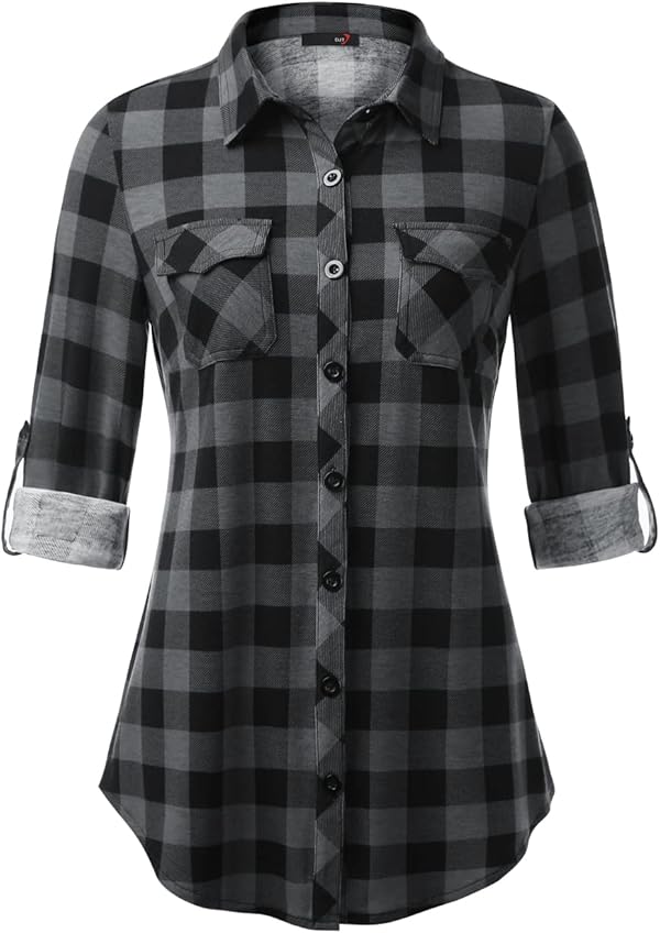 DJT Damen Weiches Gestrick Kariertes Blusen Langarm Oberteile Roll Up Ärmel Hemdbluse Button Down Tops