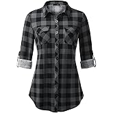 DJT Womens Soft Stretchy Knit Plaid Shirts Roll Up Long Sleeve Collared Button Down Blouses Tops