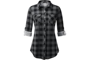 DJT Womens Soft Stretchy Knit Plaid Shirts Roll Up Long Sleeve Collared Button Down Blouses Tops