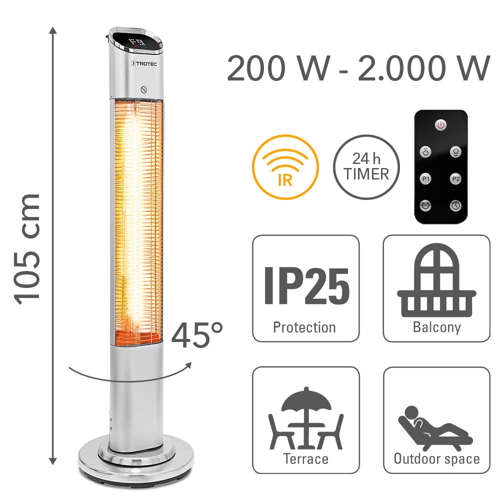 TROTEC Infrarotheizung Standgerät IRS 2050 E – Heizleistung 200 W / 2000 W – Heizstrahler, IP25, inkl. Fernbedienung, 9 Heizstufen, Timer-Funktion 3