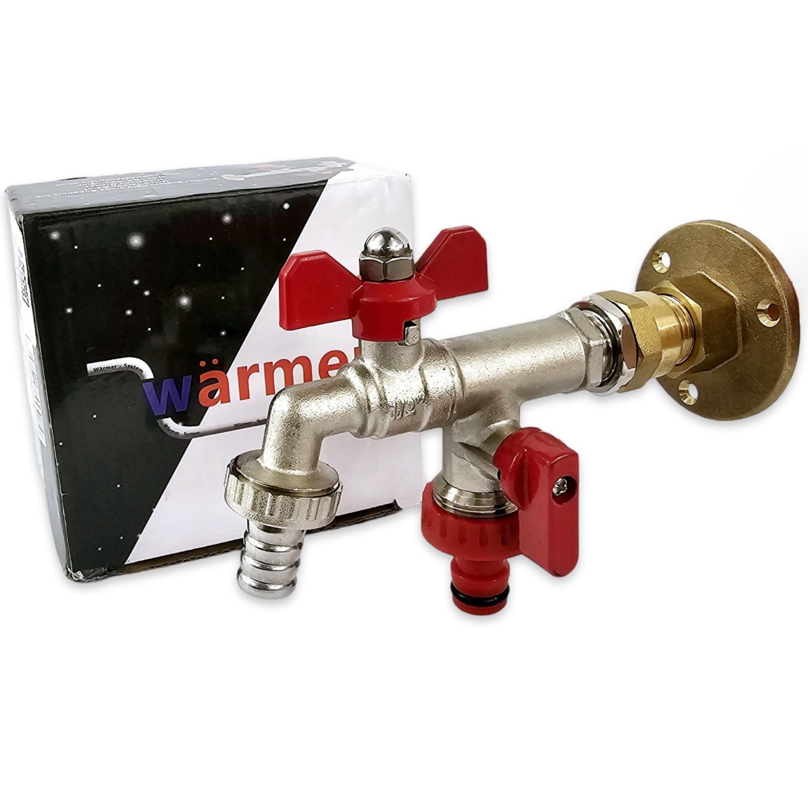 Wärmer System Double Outlet Outside Tap with Through The Wall Wallplate Flange Adaptor, 1/2 x3/4 x3/4 Garden Tap Butterfly Handle Wall Mounted