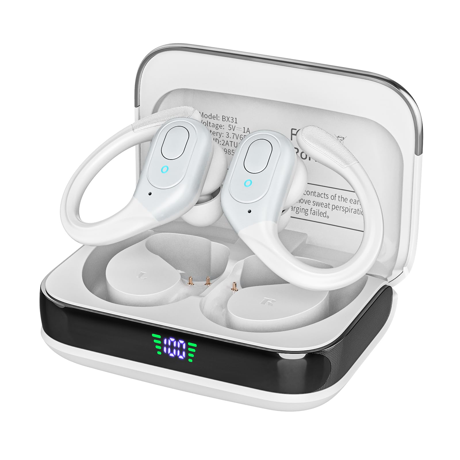 sajawass Bluetooth Headphones Wireless Earbuds with 75Hrs Playback, LED Display Charging Case, IPX7 Waterproof, Over-Ear Design Ear Buds for Sports/Running/Workout - White Image sajawass Bluetooth Headphones Wireless Earbuds with 75Hrs Playback, LED Display Charging Case, IPX7 Waterproof, Over-Ear Design Ear Buds for Sports/Running/Workout - White Image