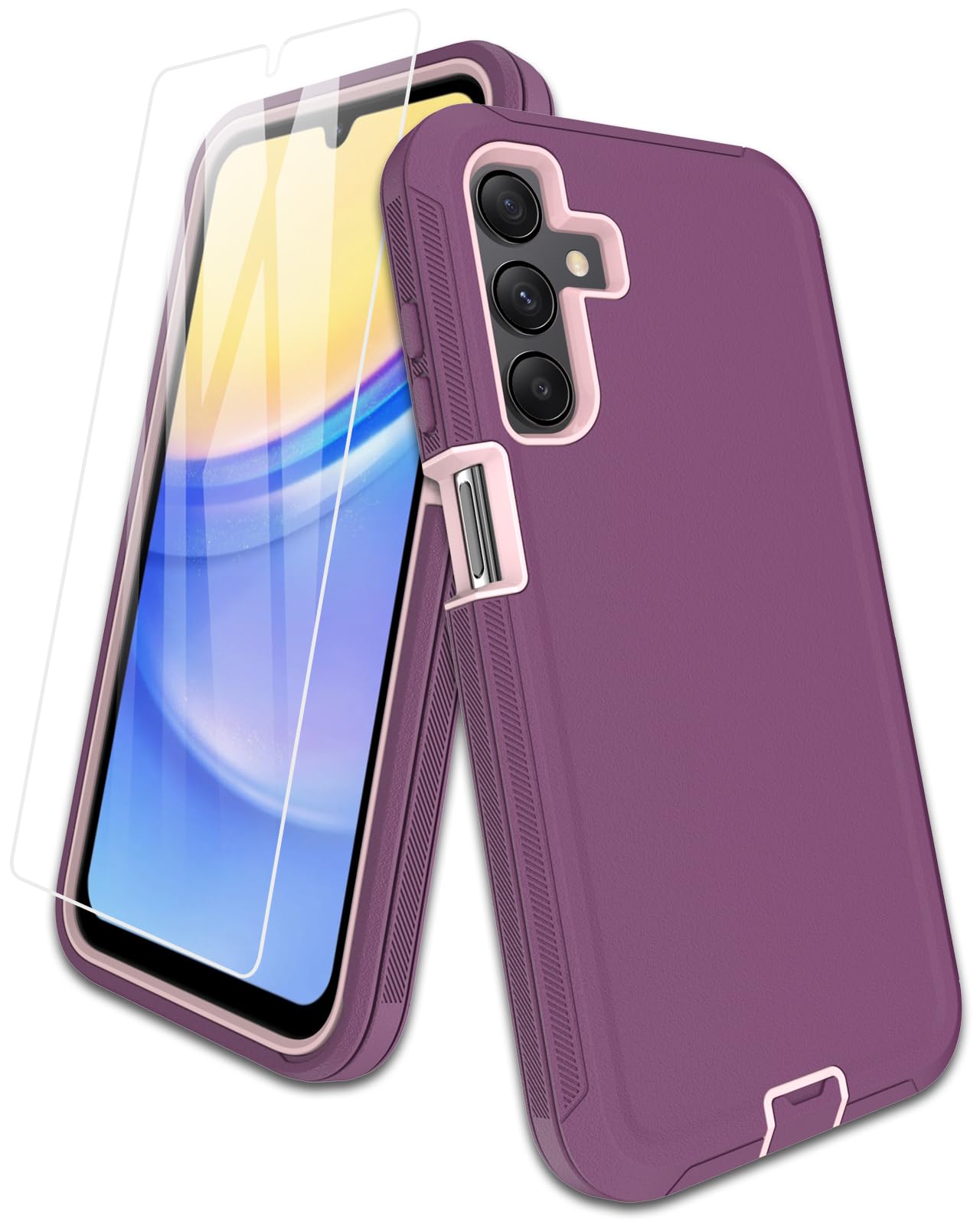 Aliruke for Samsung Galaxy A15-5G Case, with Screen Protector, Port Protection, Full-Body Non-Slip Silicone Rubber Covered, 3-Layer Heavy Duty Drop-Proof Cover Phone Case, Pink/Purple