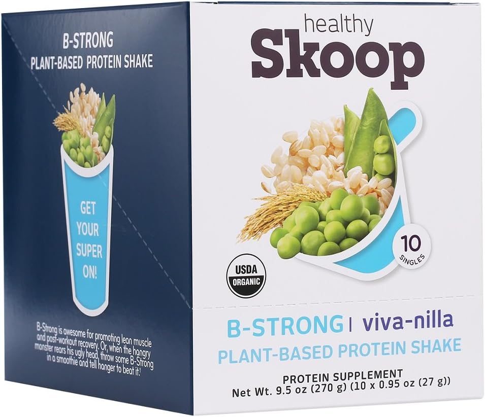 Healthy Skoop B-Strong Organic Complete Plant Based Vanilla Protein Drink Mix with bcaas, Viva-nilla, 10 Packets