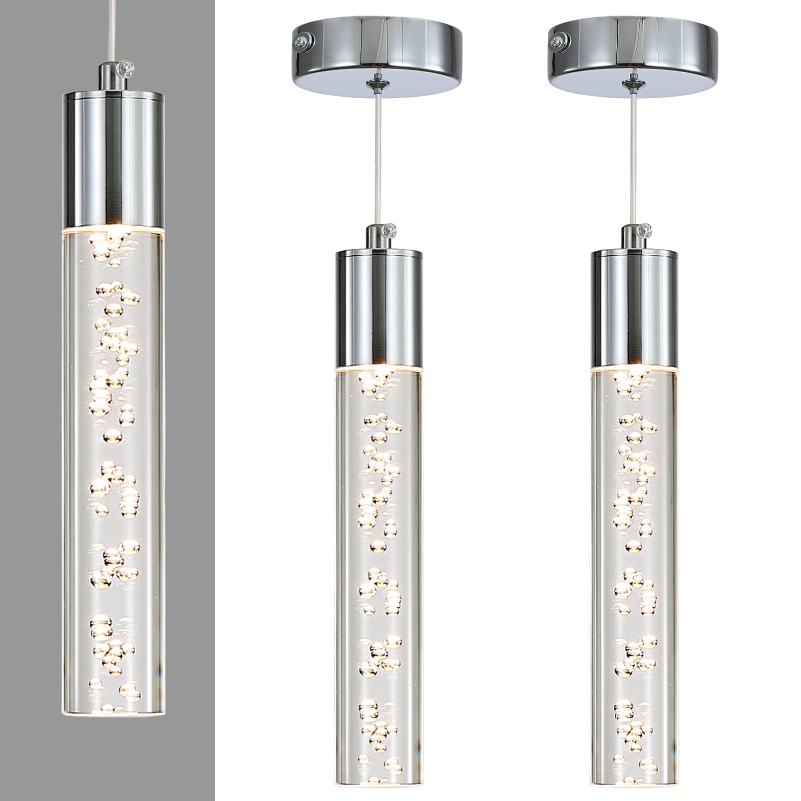 Photo 1 of 2 Pack Modern LED Pendant Light, Chrome Bubble Hanging Ceiling Lamp Fixture, 3 Color 2700K/4500K/6500K, Small Kitchen Island Chandelier Over Table for Dining Room, Living Room, Bedroom, Bar, Cafe