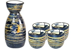 5 Pieces Japanese Sake Set 200ml Sake Bottle 50ml Saki Cup Set Traditional Hand Painted Design Porcelain Pottery Ceramic Soju