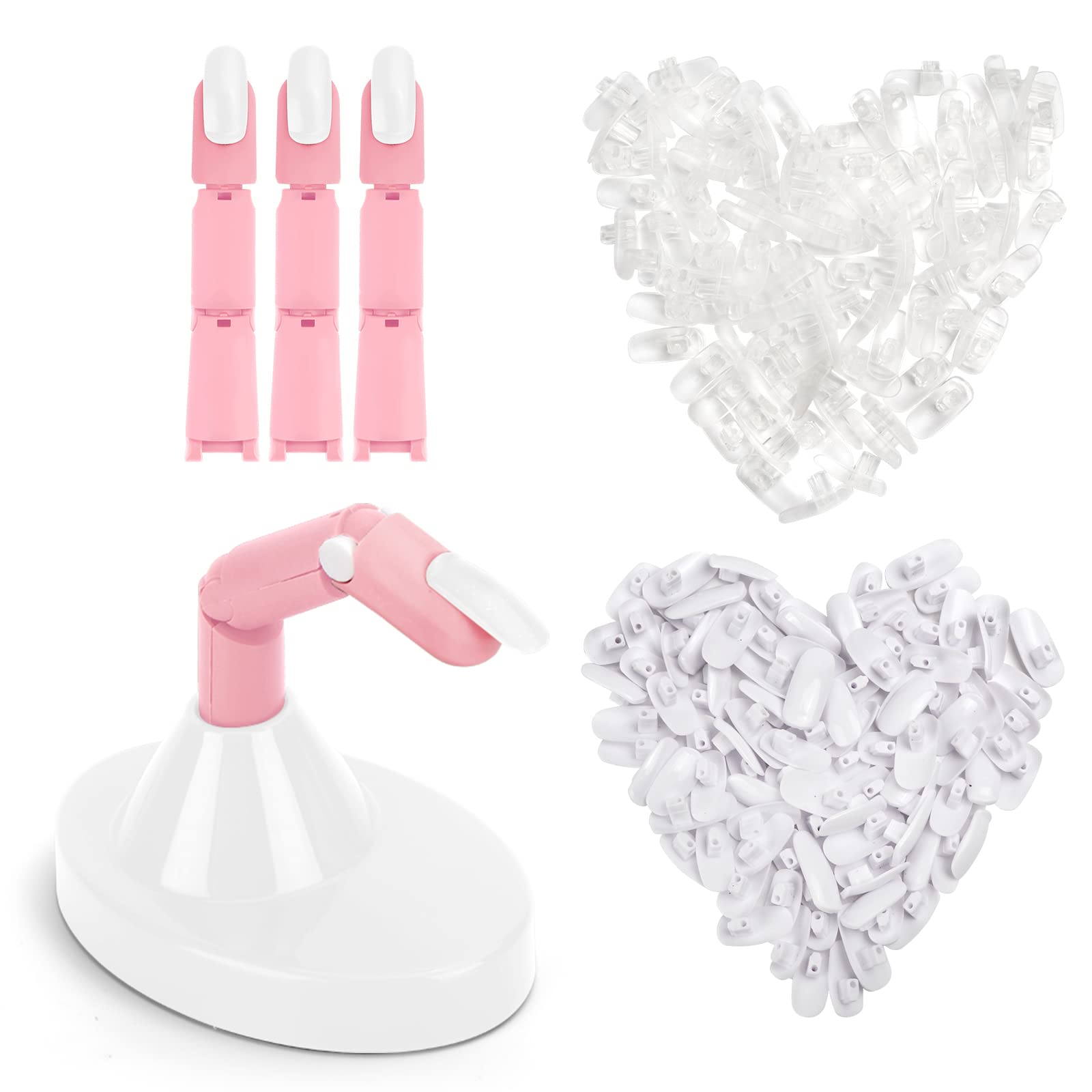 Deciniee Practice Hand for Acrylic Nails: 3 PCS Adjustable Pink Practice Finger and 200Pcs Replaceable Nail Tips White/Transparent - Professional Nail Hand Practice Model for Manicure Nail Art