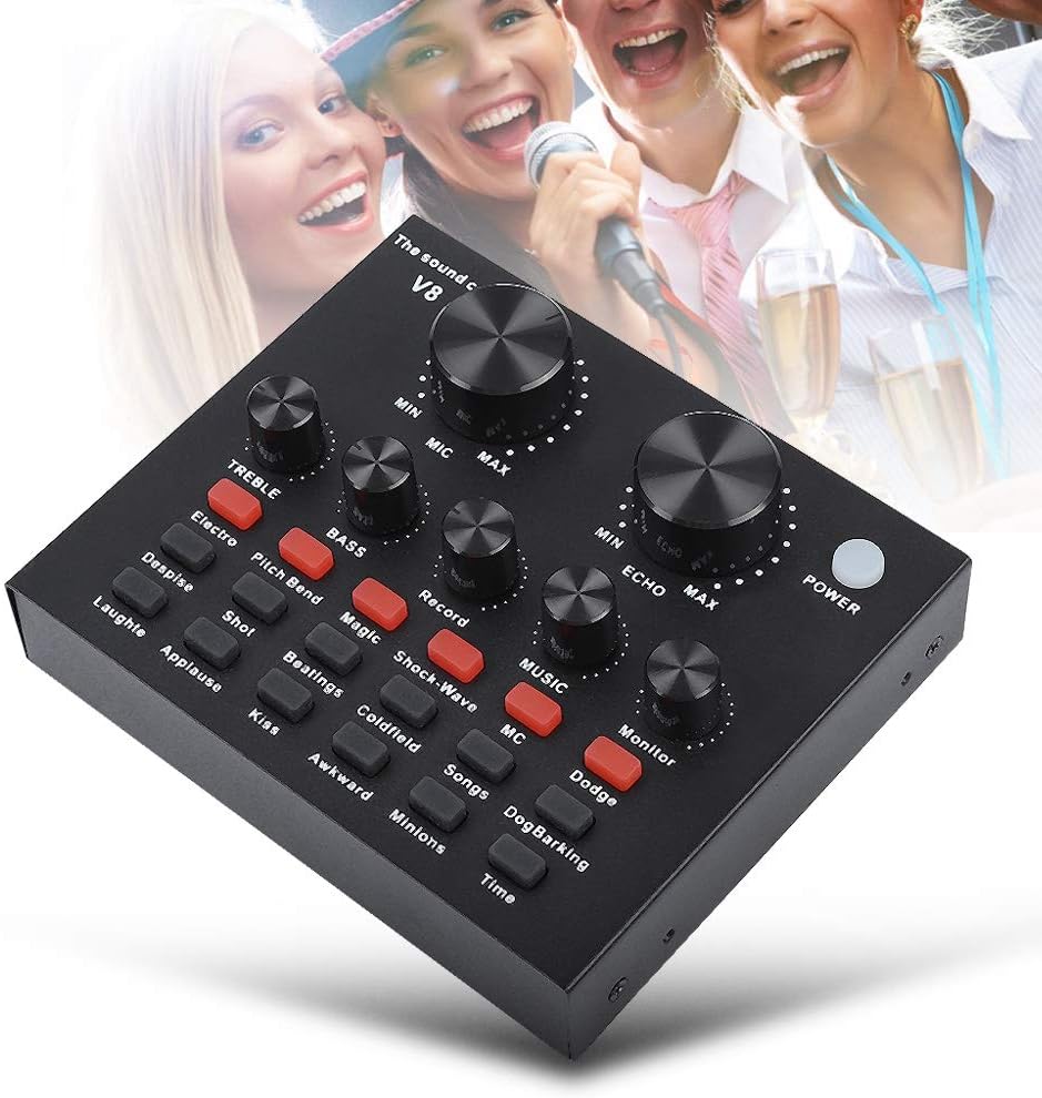 Nannday Live Sound Card, V8 Audio Mixer External USB Headset Microphone Mobile Computer PC Live Sound Card Karaoke for Live Boardcast, Home KTV