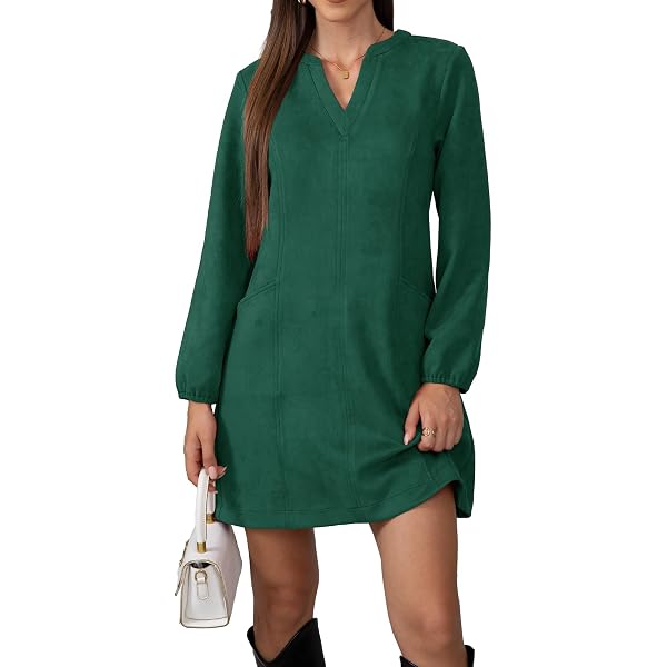 Allegra K Women's Faux Suede Round Neck Pockets Long Sleeve A-Line Dress  X-Small Brown at Amazon Women's Clothing store