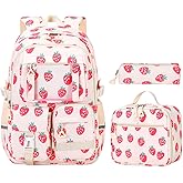 Cohawk Strawberry Print Backpack Coquette Aesthetic Nylon Rucksack 3PCS Cute Backpack Set Casual Daypack