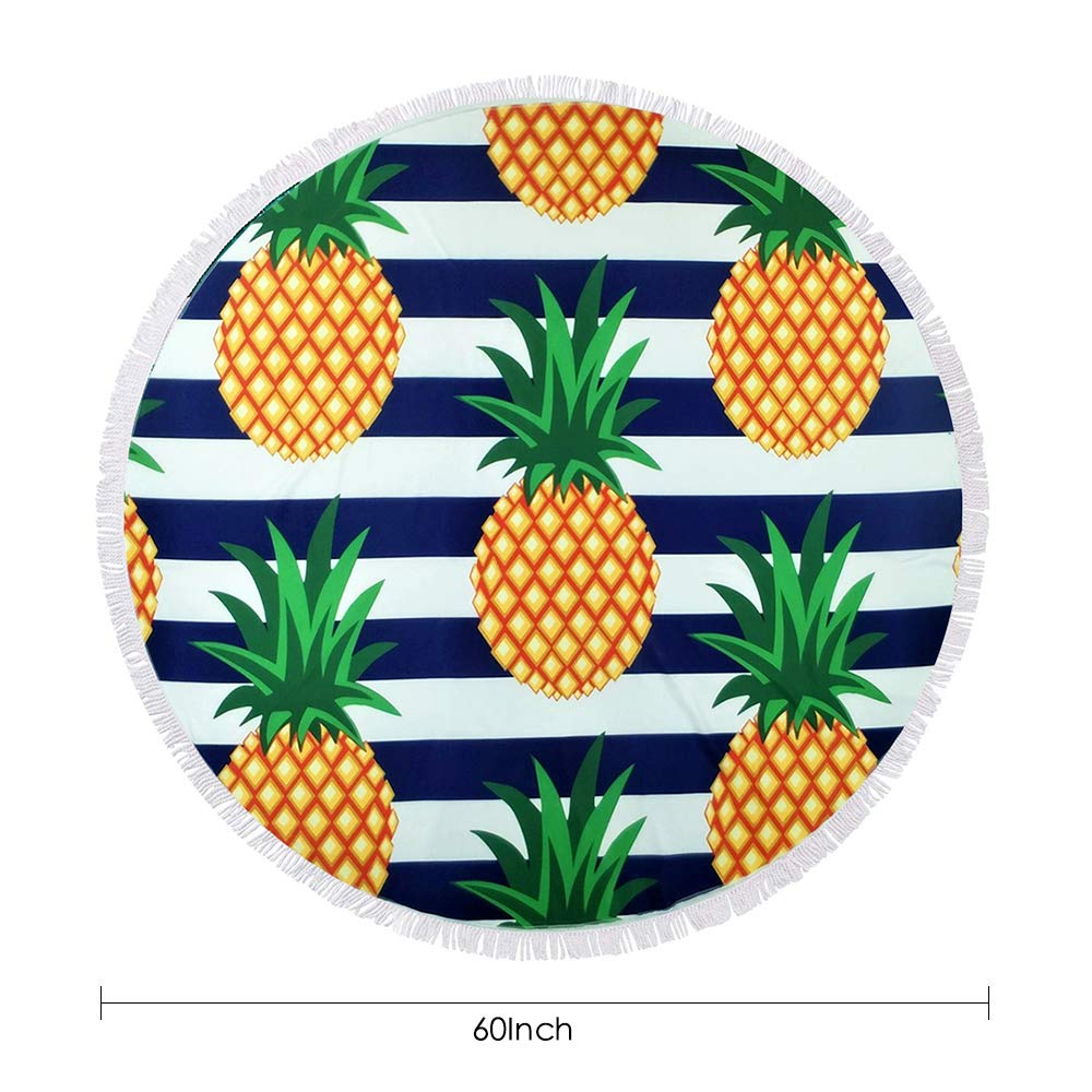 btcus4 Round Beach Towel Circle Blanket with Tassels Thick Microfiber Ultra Soft Super Water Absorbent Digital Printing High Color Fastness Multi-Purpose Sunscreen Yoga Mat Camping (120-pineapple)