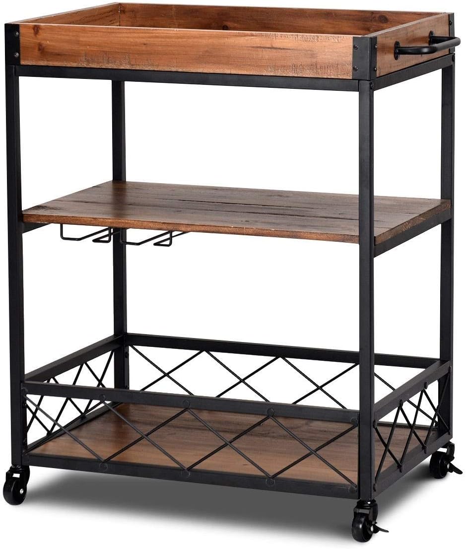 LHONE 3 Tier Kitchen Trolley Cart Rolling Utility Cart-Kitchen Serving Bar Cart Storage Shelf with Glass Racks & Lockable Caster Wheels