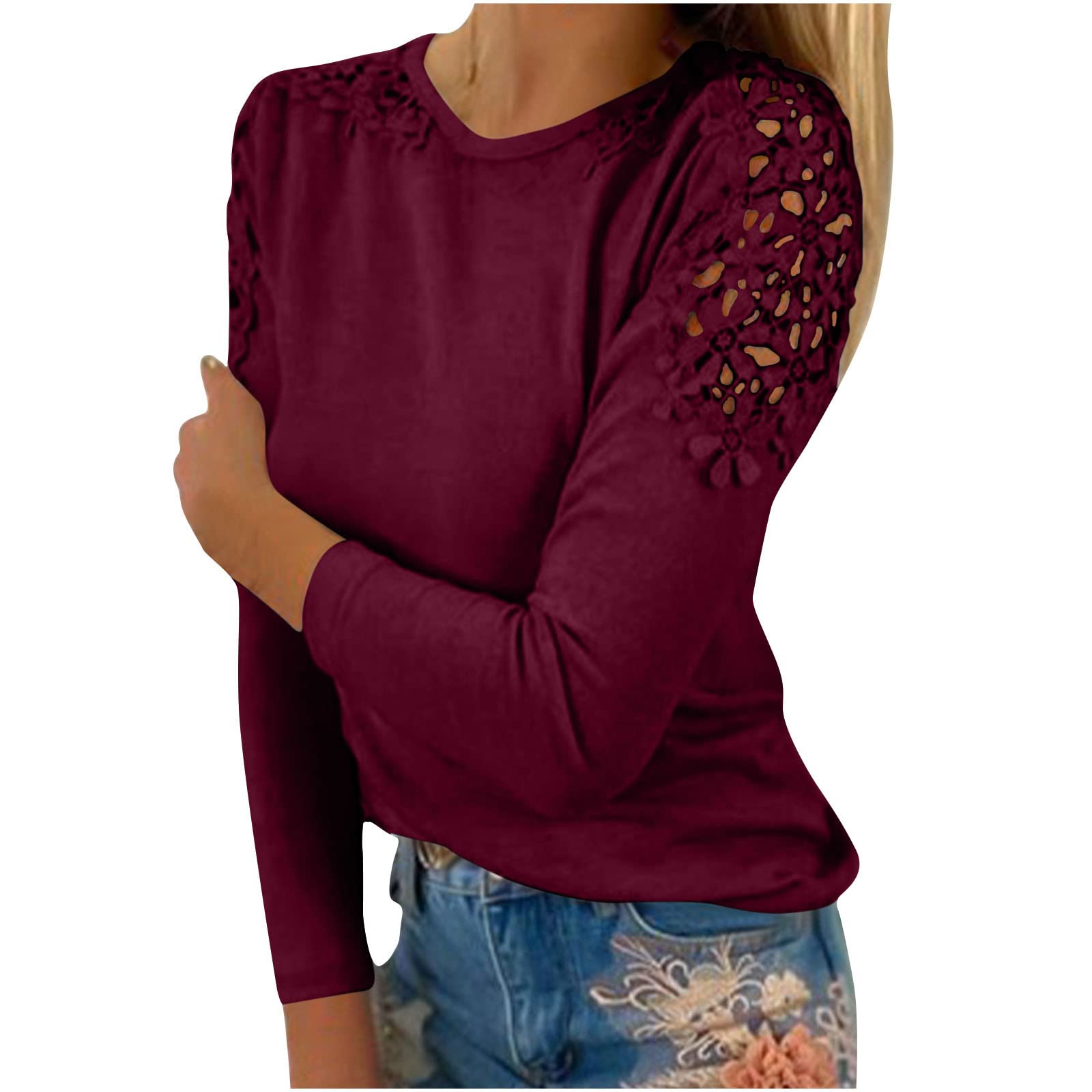 Women's Plus Size Long Sleeve Shirts Lace Hollow