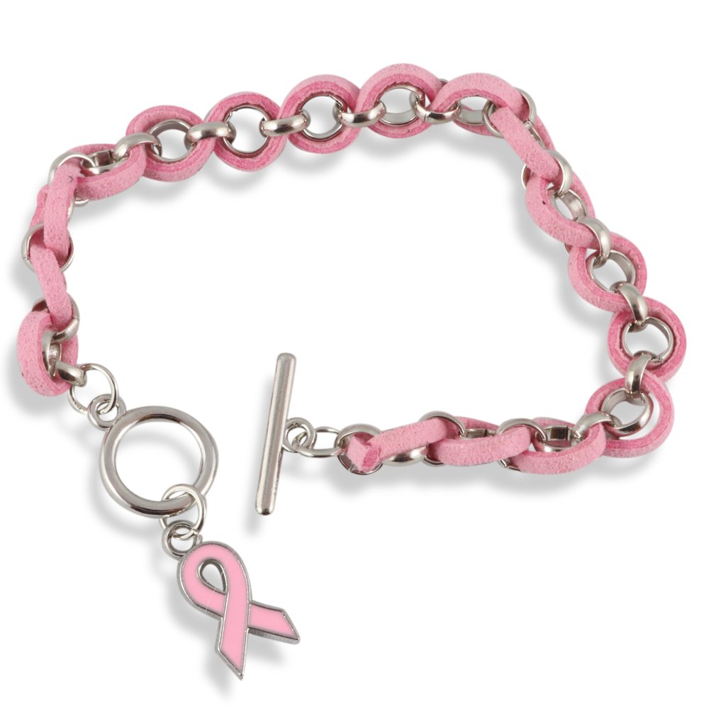 Pink Leather and Metal Breast Cancer Awareness Pink Ribbon Bracelet, 25.40 cm , Leather