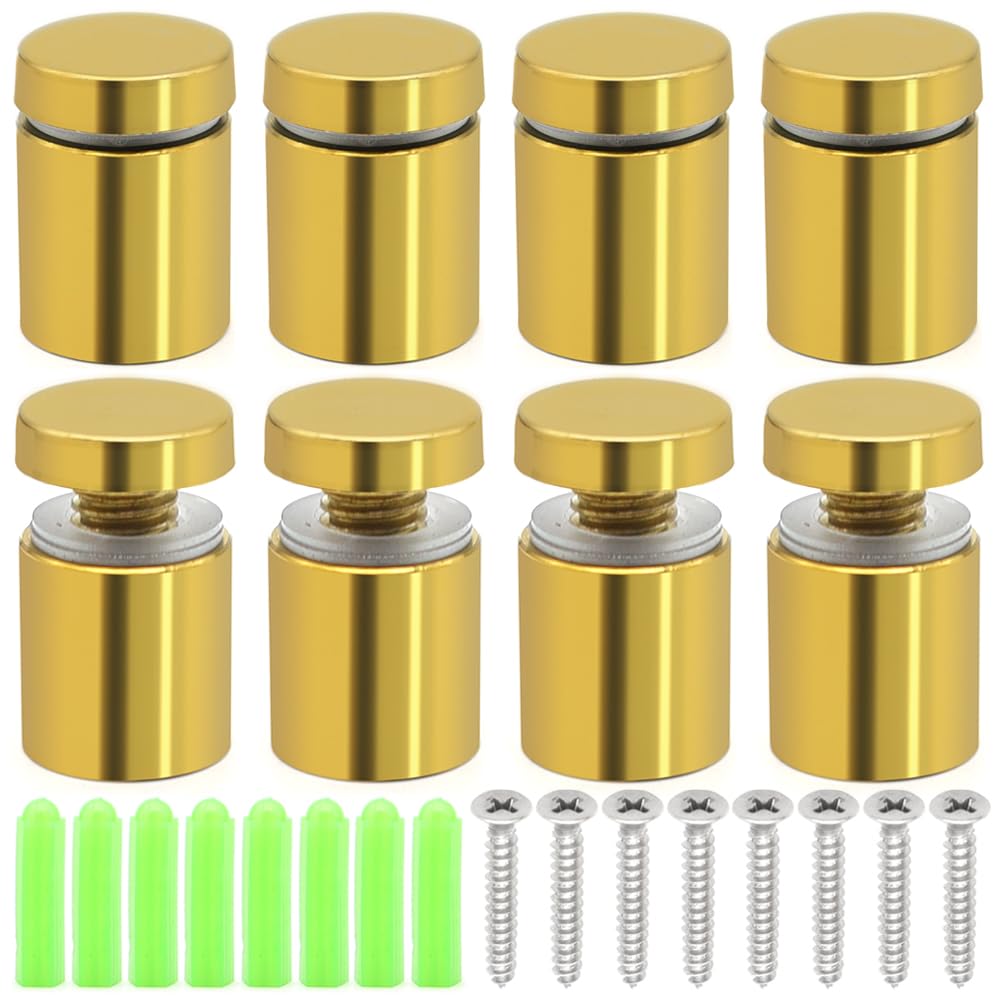 KtbeYTi 8 Pcs Golden Advertising Screw Nails 19 x 25 mm Stainless Steel Sign Standoff Screws, Standoff Fixings for Glass, Advertisement, with Screws and Rubber Plug