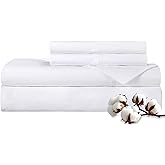 ROYALE LINENS 300 Thread Count 100% Long Staple Combed Cotton Sheet Set - 4 Piece Queen Bed Sheets - 1 Fitted, 1 Flat & 2 Pillow Cases - Soft Cool & Crisp Sheet Set (Queen, White)