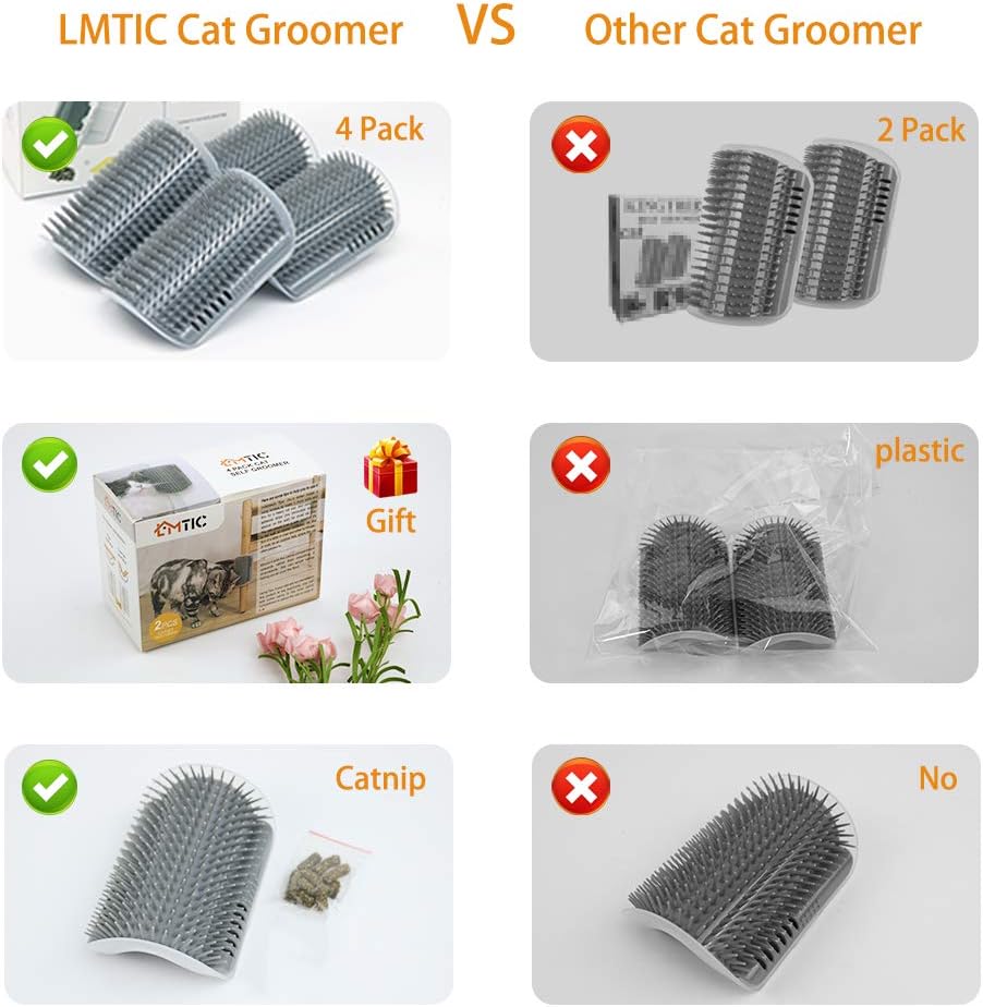 LMTIC 4 Pack Cat Self Groomer, Wall Corner Cat Brush Comb with Catnip, Cat Face Scratcher, Perfect Massager Tool for Cats with Long and Short Fur, Gifts for Cat Kitten, Grey : Pet Supplies