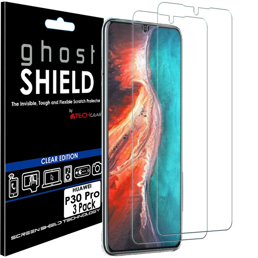 TECHGEAR [Pack of 3] Screen Protectors fit Huawei P30 Pro [ghostSHIELD Edition] Genuine Reinforced TPU film Screen Protector Guard Covers with FULL Screen Coverage inc Curved Screen Area