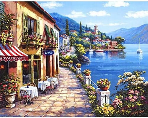 DIY Oil Painting, Paint by Number Kit for Home Wall Decoration Art Gift European Seaside Town 16*20 Inch