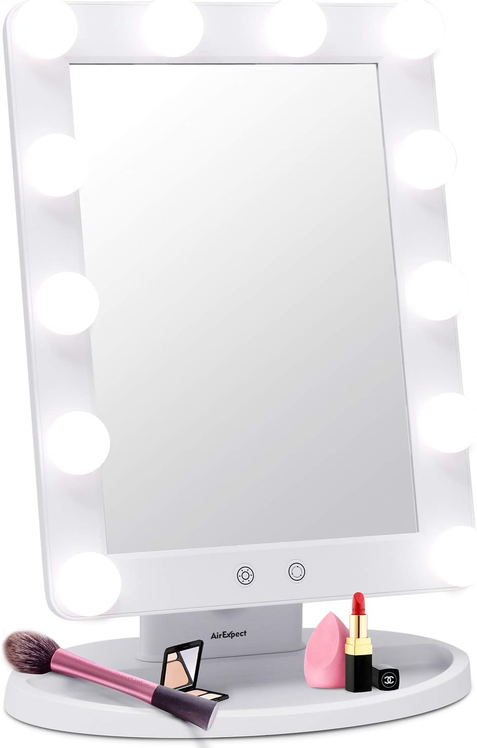 Makeup Vanity Mirror with Light Bulbs - 3 Color Lighting Modes Hollywood Style Tabletops Lighted Cosmetic Mirror with 12 Dimmable LED Bulbs and Touch Control Design