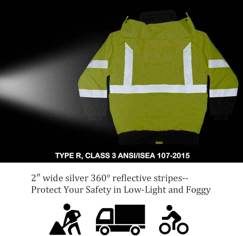 VENDACE Men's ANSI Class 3 High Vis Safety Reflective Bomber Jacket Hoodie Waterproof with Detachable Hood: Clothing