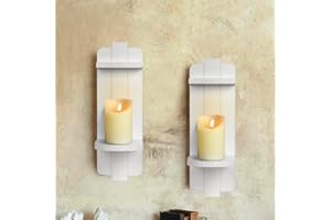 Rustic Wood Wall Sconces Set of 2 - Farmhouse Floating Candle Holders for Home Decor, White Wall Shelf for Living Room, Dinin