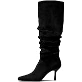 Lumeheel Knee High Boots for Women - Suede Ruched Women's Tall Boots with Pointed Toe Kitten Heel Pull On Zipper, Slouch Fashion for Fall Winter