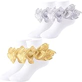 hakugoo Girls Ruffle Socks Shiny Double Big Lace Socks 2/3 Pairs Toddler Turn Cuff Frilly Dress Sock Girls Pageant Sock Kids