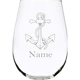 Nautical anchor with name 17 oz. stemless wine glass