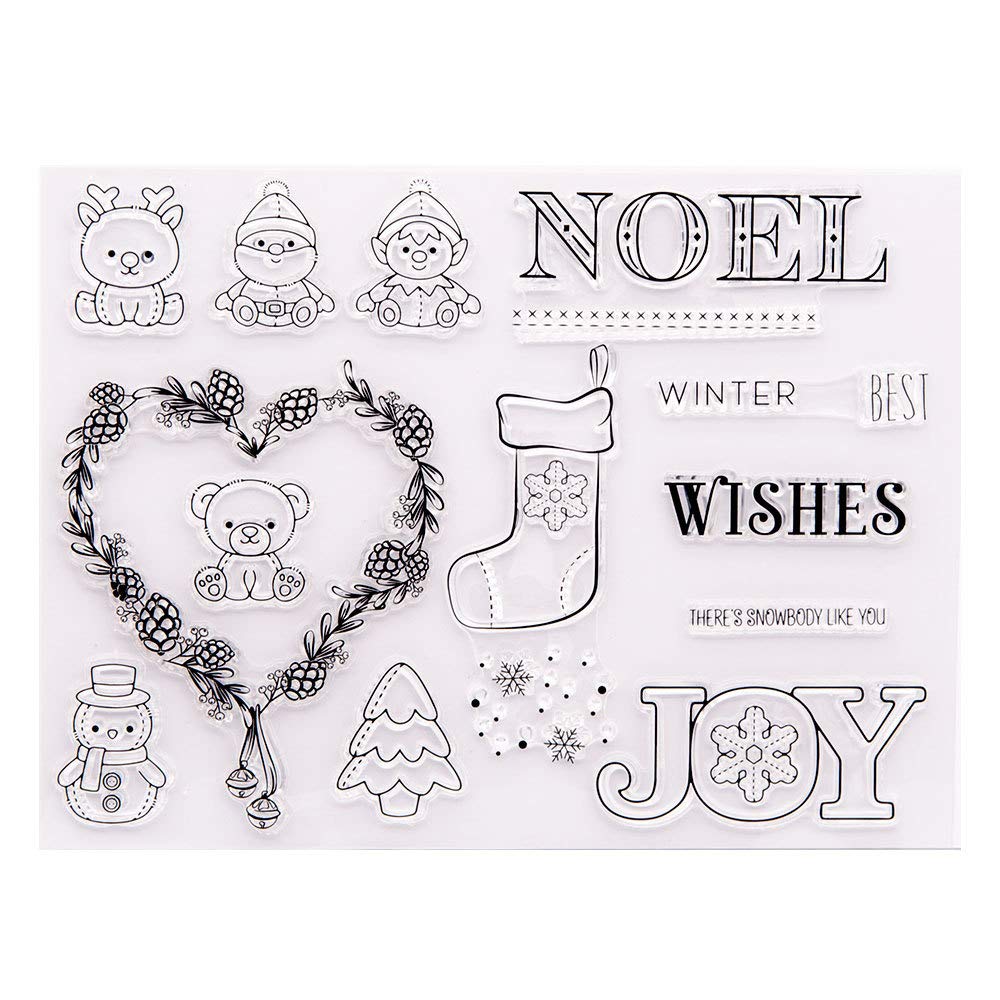 Noel Joy Merry Christmas Snowman Tree Winter Wishes Christmas Decors Socks Rubber Stamps Clear Stamps for Christmas Card Making Decoration and DIY Scrapbooking Rubber Stamps for Crafts