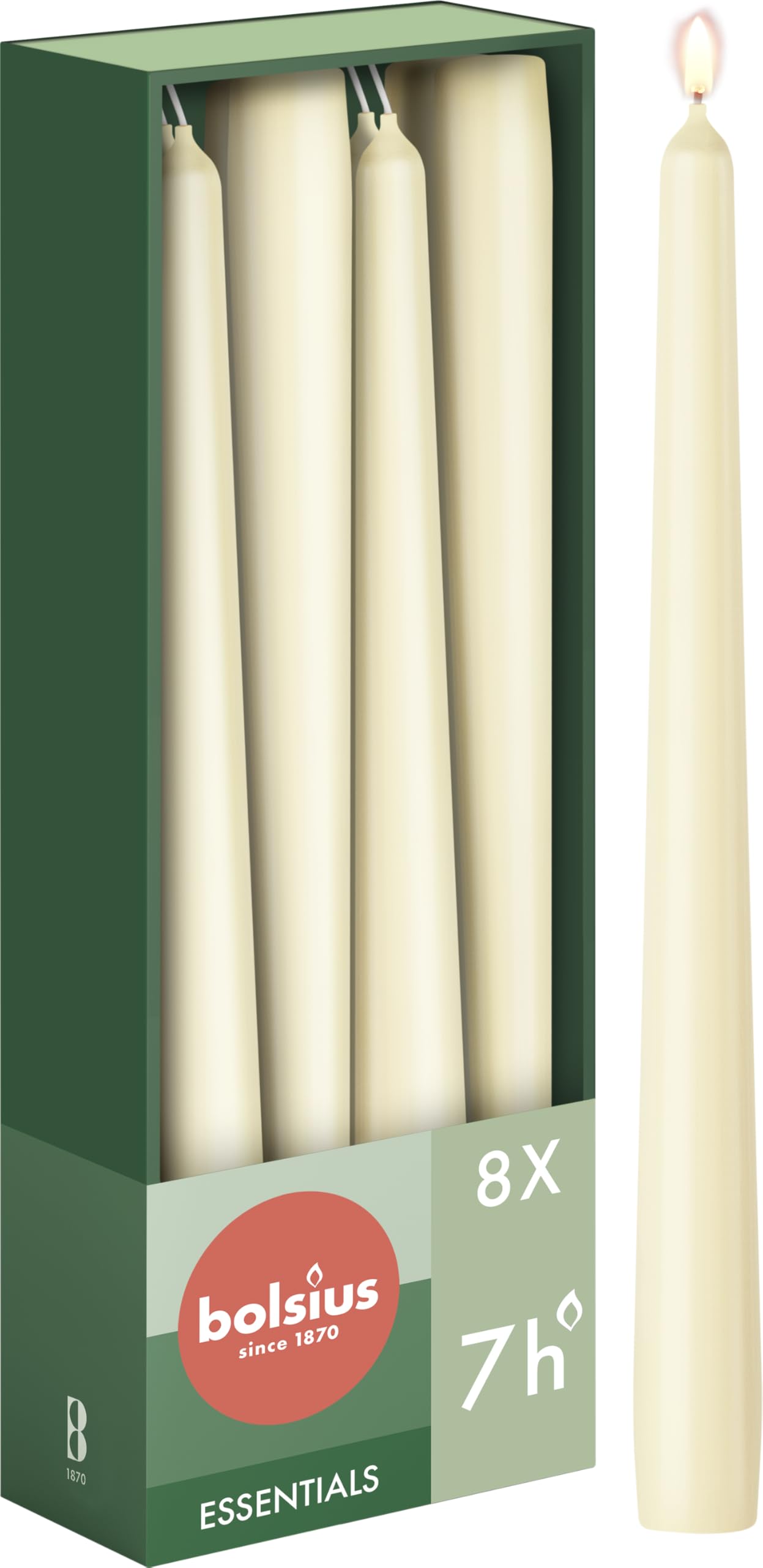 Bolsius Tapered Candles - Ivory - 8-Pack - 24.5 cm - Decorative Household Candles - Burning Time of 7 Hours - Unscented - Includes Natural Vegan Wax - Without Palm Oil