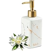 Gold Soap Dispenser for Bathroom Countertop, Square White Dish Soap Dispenser Pump Bottle with Golden Stripes for Kitchen Sink Laundry Shower Lotion, Ceramic Hand Pump for Soap Liquid