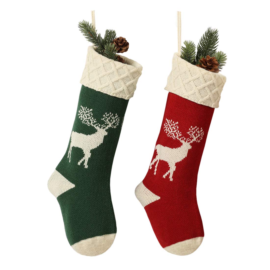 RedMaple Christmas Stockings, Knitted Reindeer Pattern Xmas Stockings Traditional Hanging Socks Ornament for Family Holiday Party Decorations 46CM