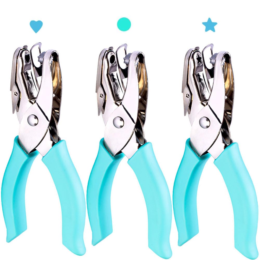 Photo 1 of 3 Pieces Single Hole Paper Punch, Qtopun Heart Star Round Handheld Hole Paper Punch with Soft Grip Handles for Crafts DIY Clothing Ticket Tags Scrapbook Notebook