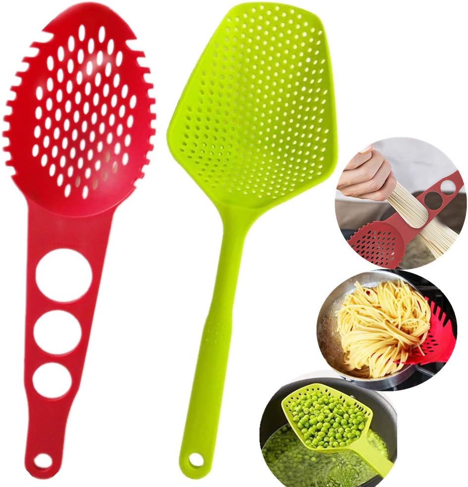 Aiseo 2 PACK Spaghetti Pasta Strainer, Large Size Food Strainer Serving Spoon Non-Stick Pasta Fork Slotted Server with Spaghetti Measure Tool Large Scoop Colander