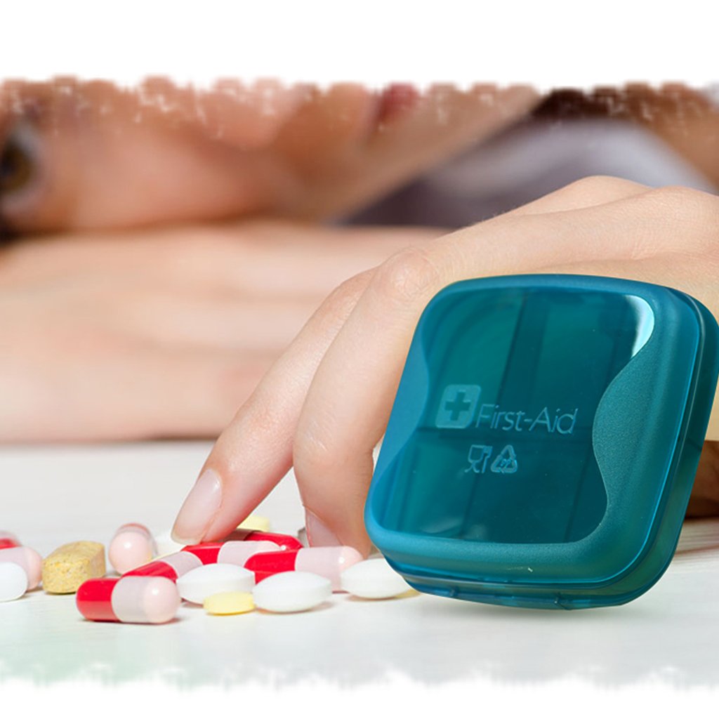 Weekly Pill Organizer, 2-in-1 First Aid Kit for Car Travel Pill Box Planner Purse for AM/PM Day Trip by Rachsa (Blue)