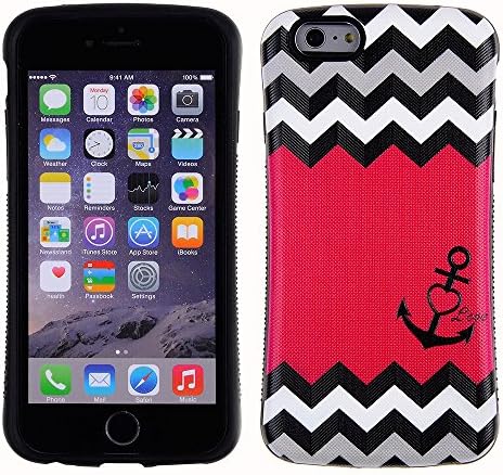 Cube Cases for Iphone 6(4.7)- Black and White Chevron Pattern on Middle Solid HotPink with Love Anchor on Soft TPU, Black Tough Bumper and with Free Screen Protector