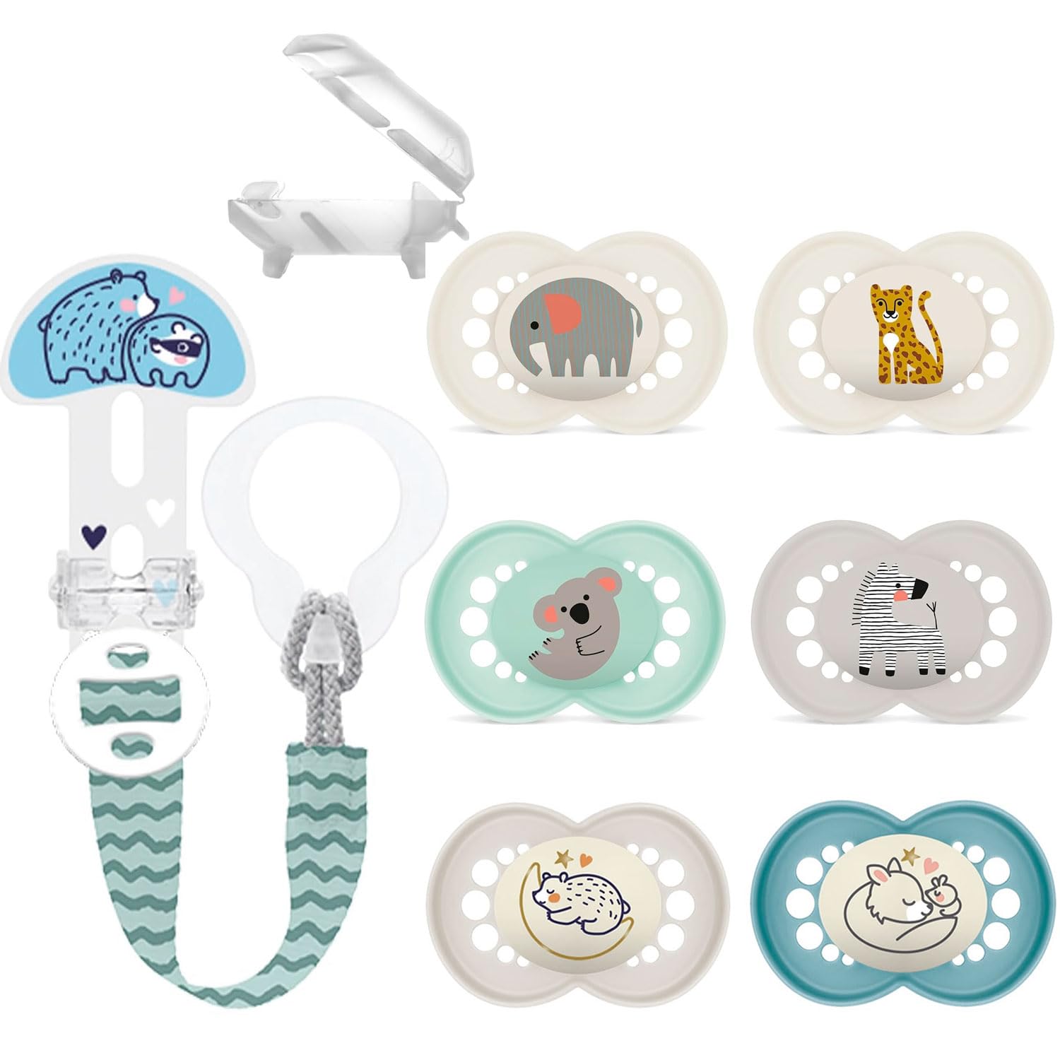 MAM Original Dummy Skin Soft 6-16 Set of 6 Including 3 Sterilised Transport Boxes Includes MAM Clip It Fashion & Cover Dummy Strap with Suction Protection, Adjustable Length, Washable