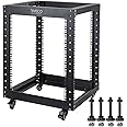 12U Server Rack Open Frame with Casters-RIVECO 4 Post Quick Assembly 19-inch, Data Rack Network Shelf Cabinet Heavy Duty Black