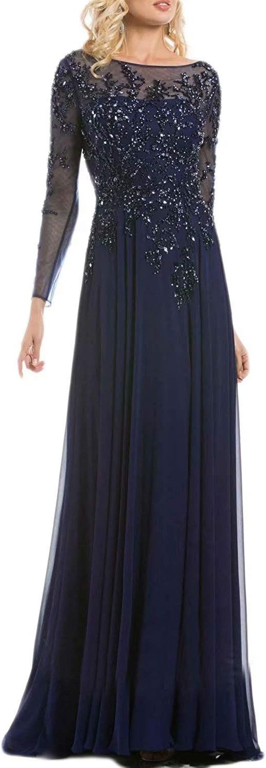 Long Chiffon Evening Dress 2019 Beaded Long Sleeve Mother of Bride Formal Gown SH047