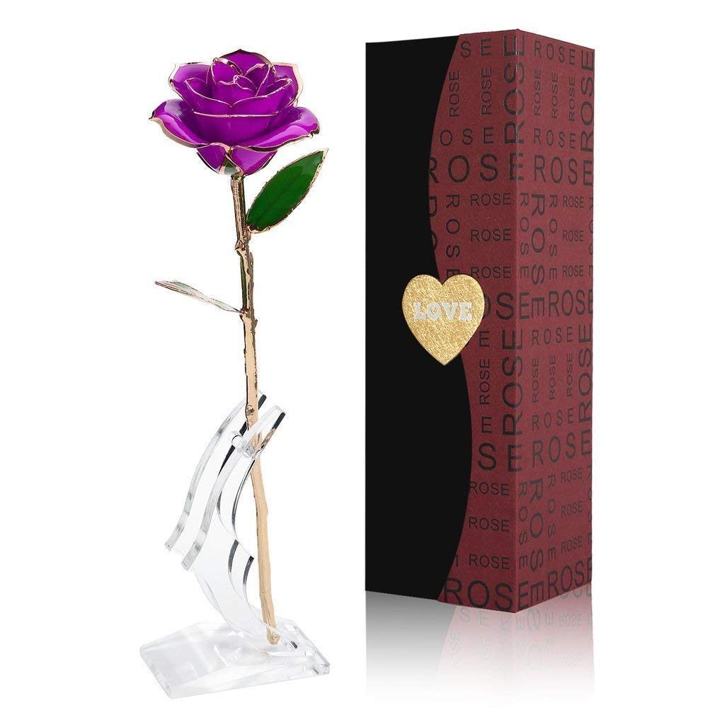 Kingpeony Valentines Day Gifts, Forever Gold Rose 24K Artificial Flowers Dipped Rose Gold Plated Rose with Transparent Stand for Lover, Mother, Girlfriend, Forever Gold Dipped Rose (Purple)