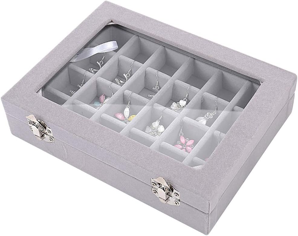 Ivosmart 24 Section Velvet Glass Jewelry Ring Display Organiser Box Tray Holder Earrings Storage Case (Grey): Home & Kitchen
