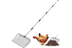 NIGWARM 10-inch Large Metal Chicken Poop Scooper, 32 - 75" Long Adjustable Chicken Coop Litter Scoop with Stainless Steel Handle, 4-in-1 Multifunctional Heavy-Duty Litter Sifting Shovel for Chicken Coop