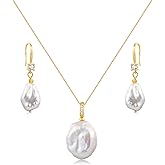 White Baroque Pearl Necklace and Earring Set 10-18mm S925 Sterling Silver Detachable Natural Freshwater Pearl Pendent Necklace Drop Earrings Set Vintage Pearl Jewelry Gift For Women